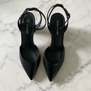 Ankle Strapped Snake Skinned Leather Block Heels in Black- Size 7- Marc Fisher